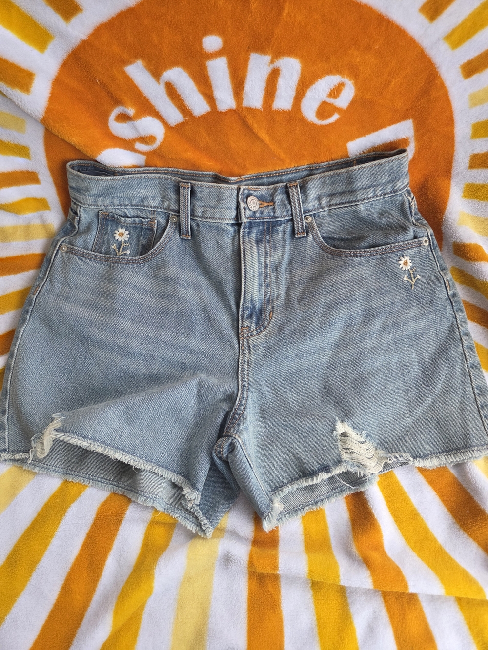 Light Blue Denim High-Rise Girls Shorts with Daisy Embroidery
